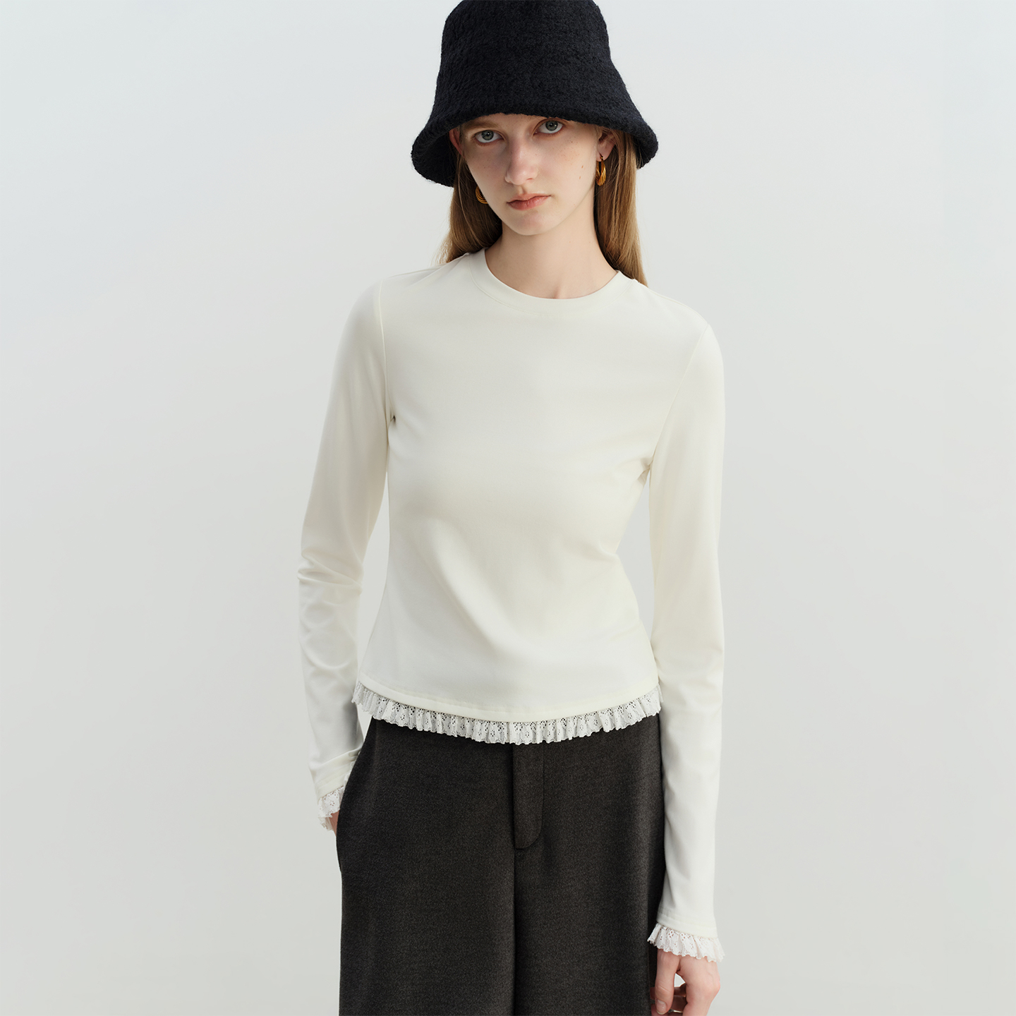 自巧抑菌磨毛料!小个子设计感拼接花边T恤圆领上衣25ZQ94200