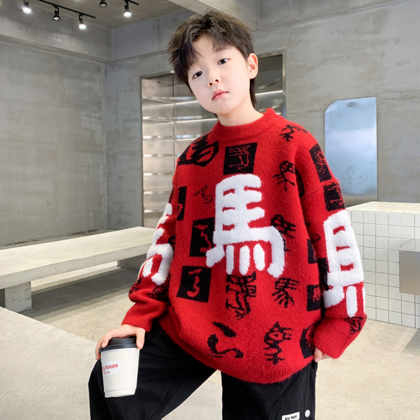 男童秋冬款毛衣2025新款中大童冬装针织衫红色男女童本命年毛线衣