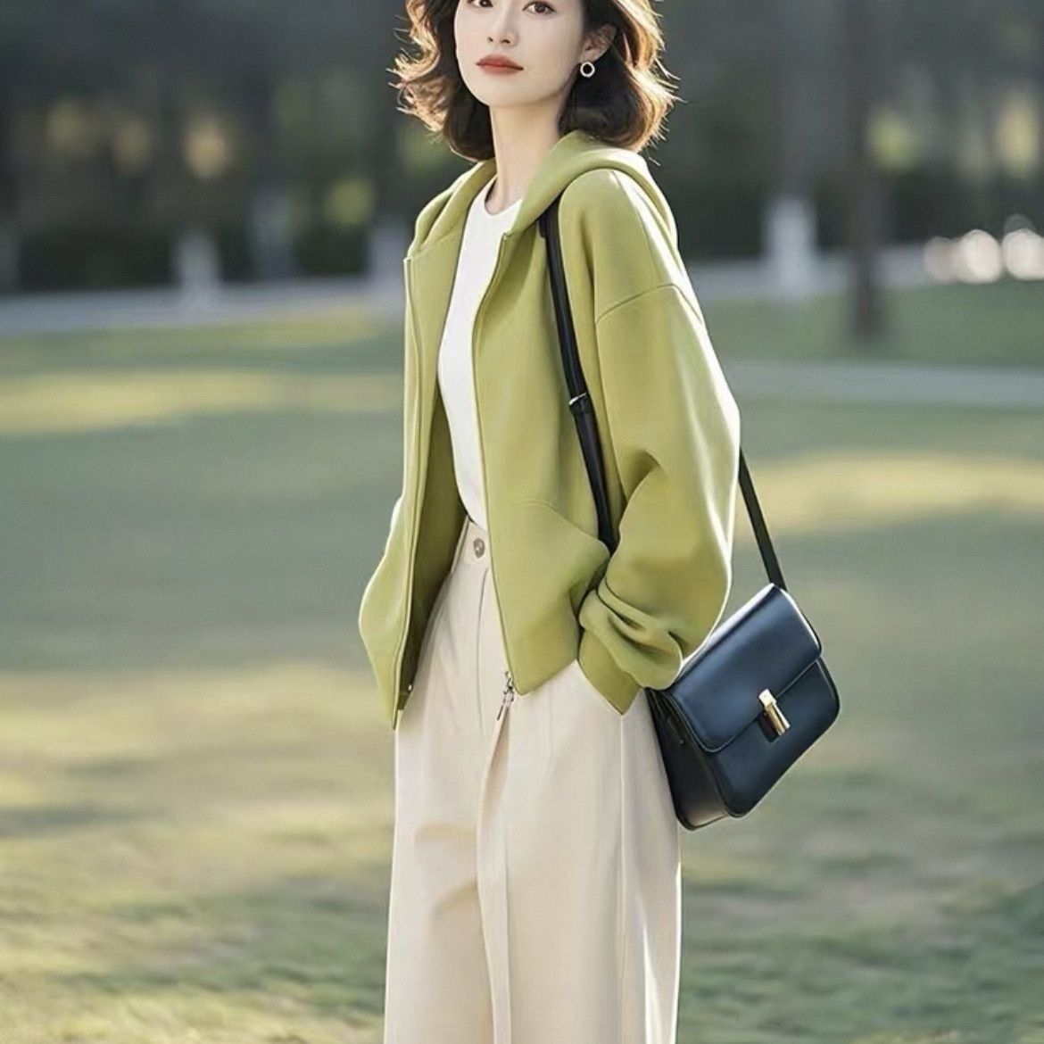 2025早新款小个子设计感百搭高级小众不撞款绿色开衫卫衣外套女