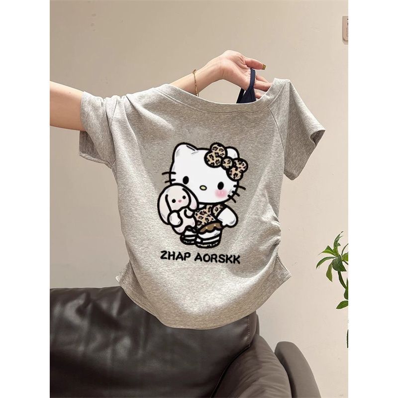 【ZHAP】斜肩吊带短袖t恤女露肩浅灰色爆款通勤欧美风显瘦chic短款