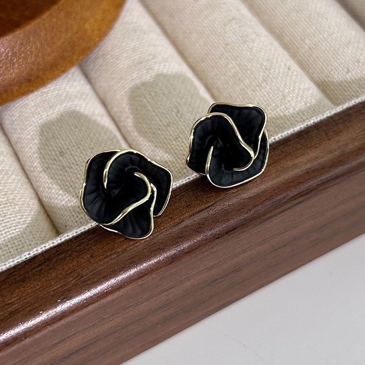 合金耳饰 152暗黑风日韩植物花卉女黑色耳钉百搭气质优雅素款