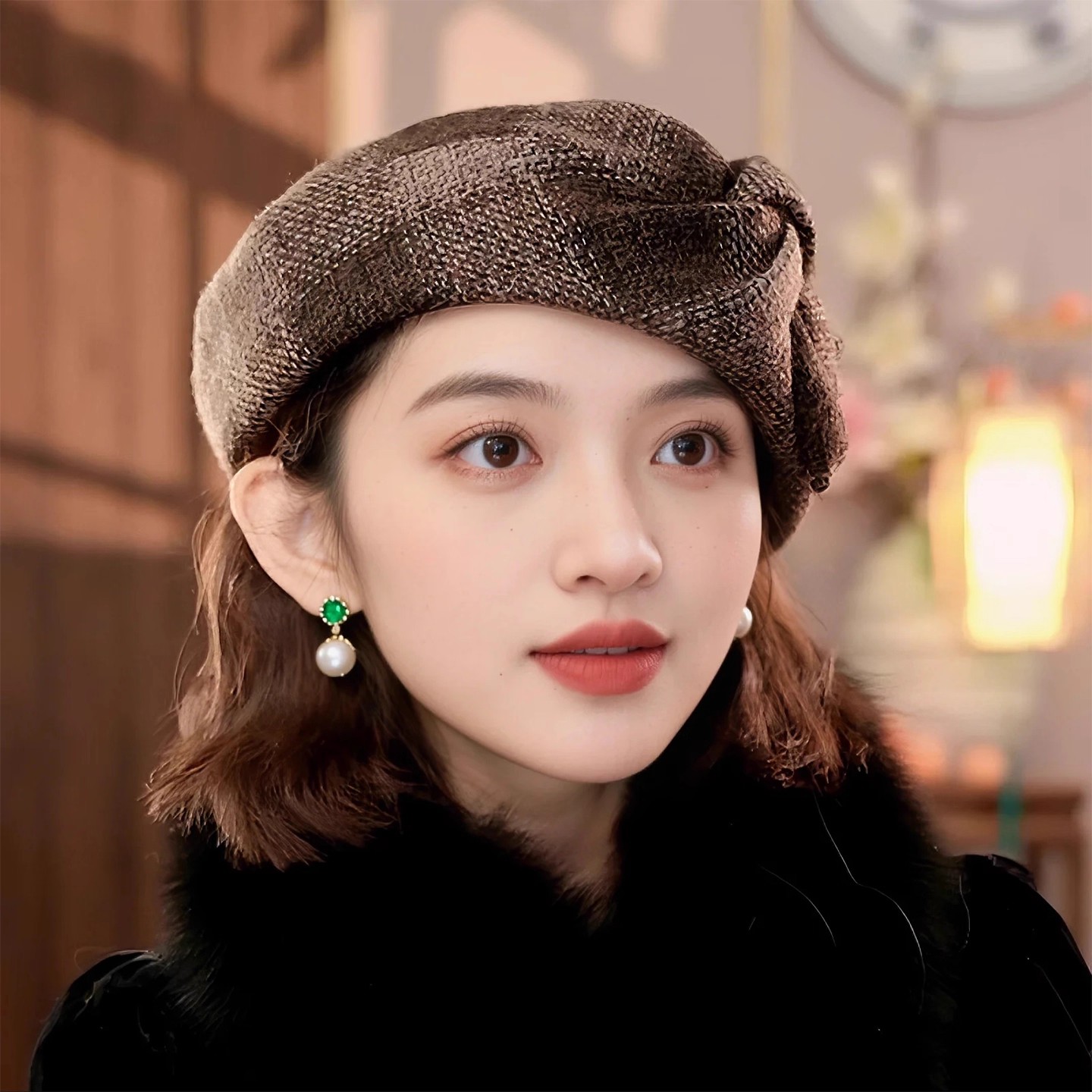 复古小香风气质纯羊毛定型保暖帽新款港风扭结贝雷帽优雅轻奢帽子