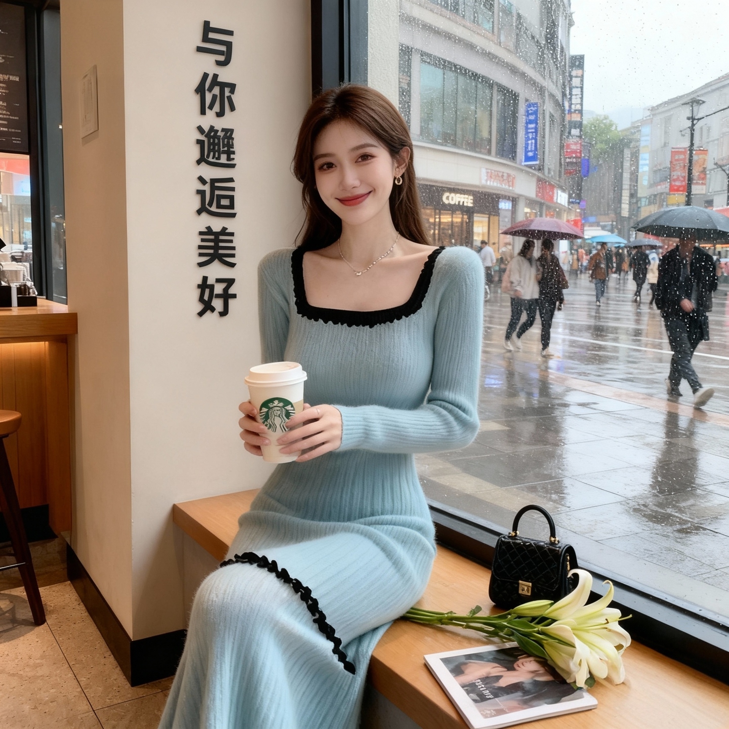 法式轻熟风方领针织毛衣连衣裙女秋冬高级设计感小香风OL打底长裙