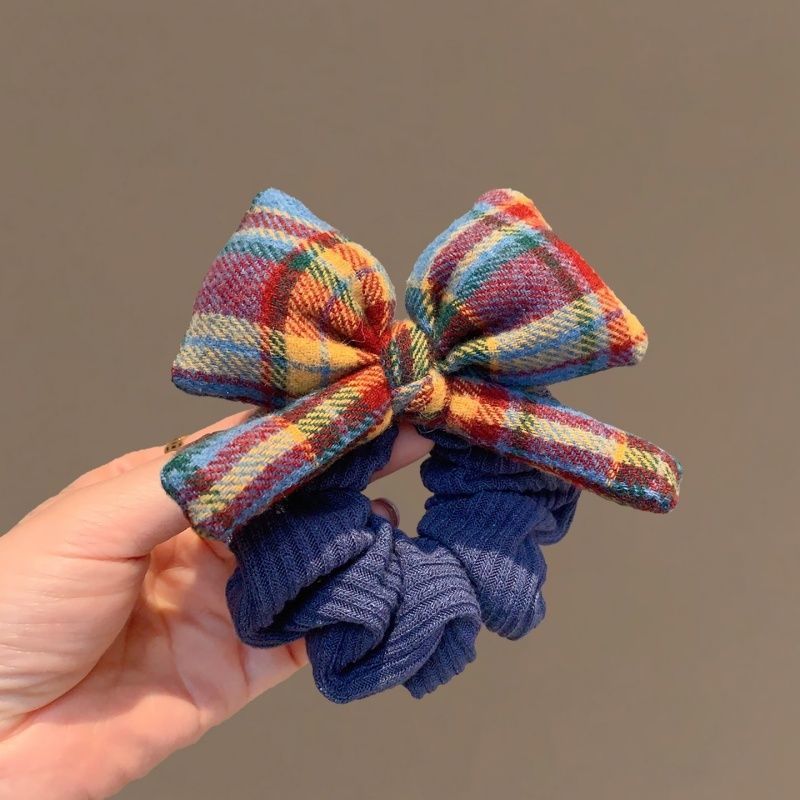韩系复古格纹毛呢蝴蝶结发圈蓝色针织肠圈头绳2025秋冬新款发XXS