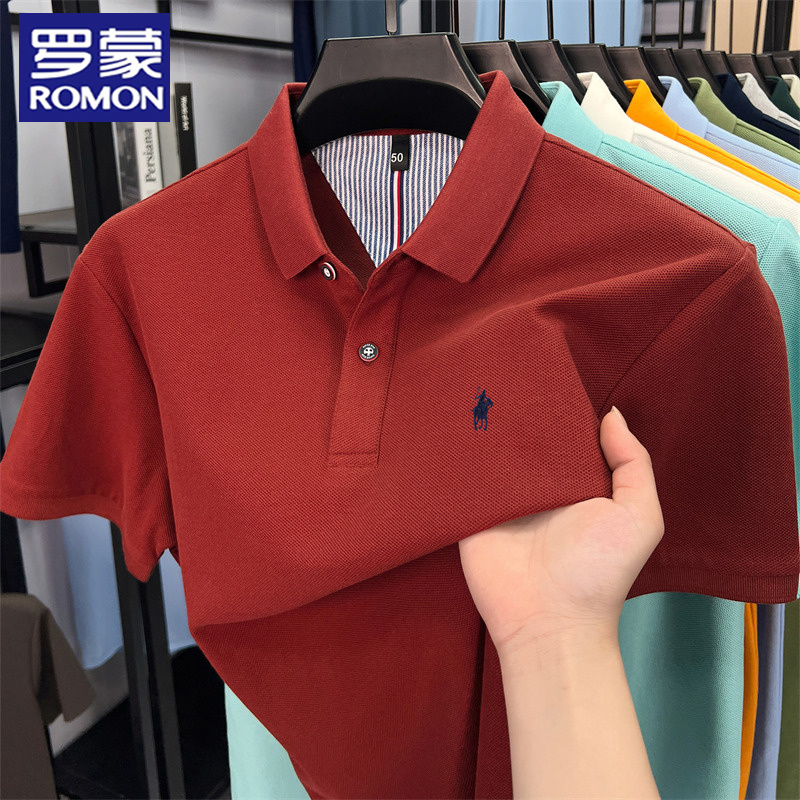 【100%纯棉】罗蒙夏季薄款短袖T恤男士休闲商务高档刺绣polo衫半袖