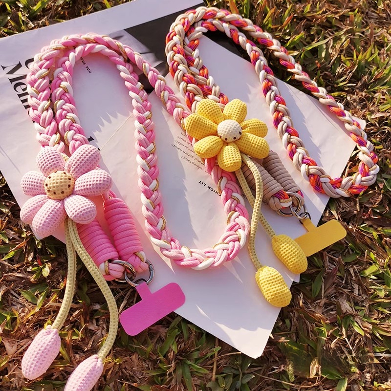 通用斜挎款手机挂绳可背编织带子太阳花朵挂件户外旅游防丢配饰女