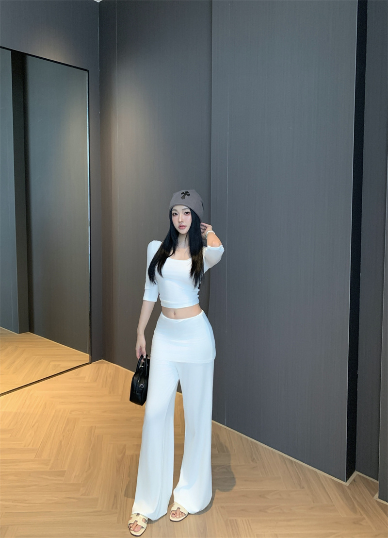 纯欲风新款气质修身显瘦基础上衣白色裤子纯色套装