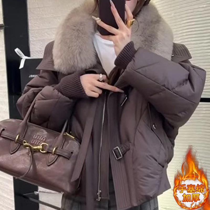 香朵儿时尚气质毛领短款棉服女2026新款冬季宽松加厚保暖棉衣外套