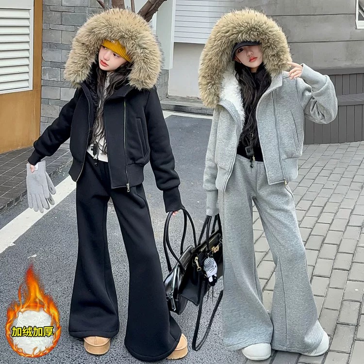 女童秋冬韩范时髦加厚大毛领连帽卫衣休闲洋气喇叭裤两件套