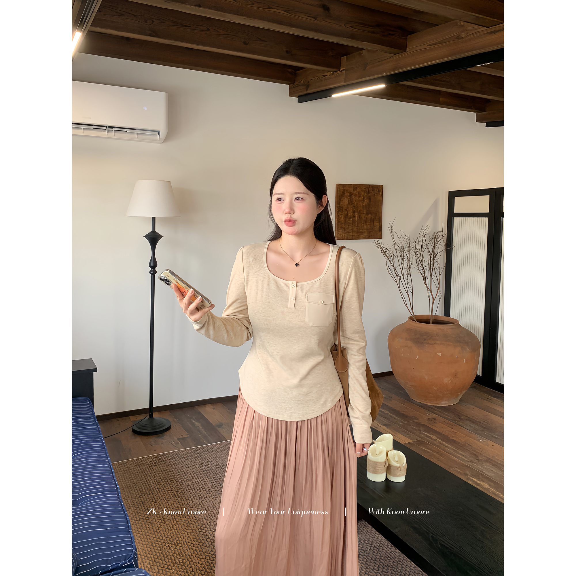 知葵微胖定制【曲线主义】早秋爆款韩版收腰长袖t恤女12244T2078