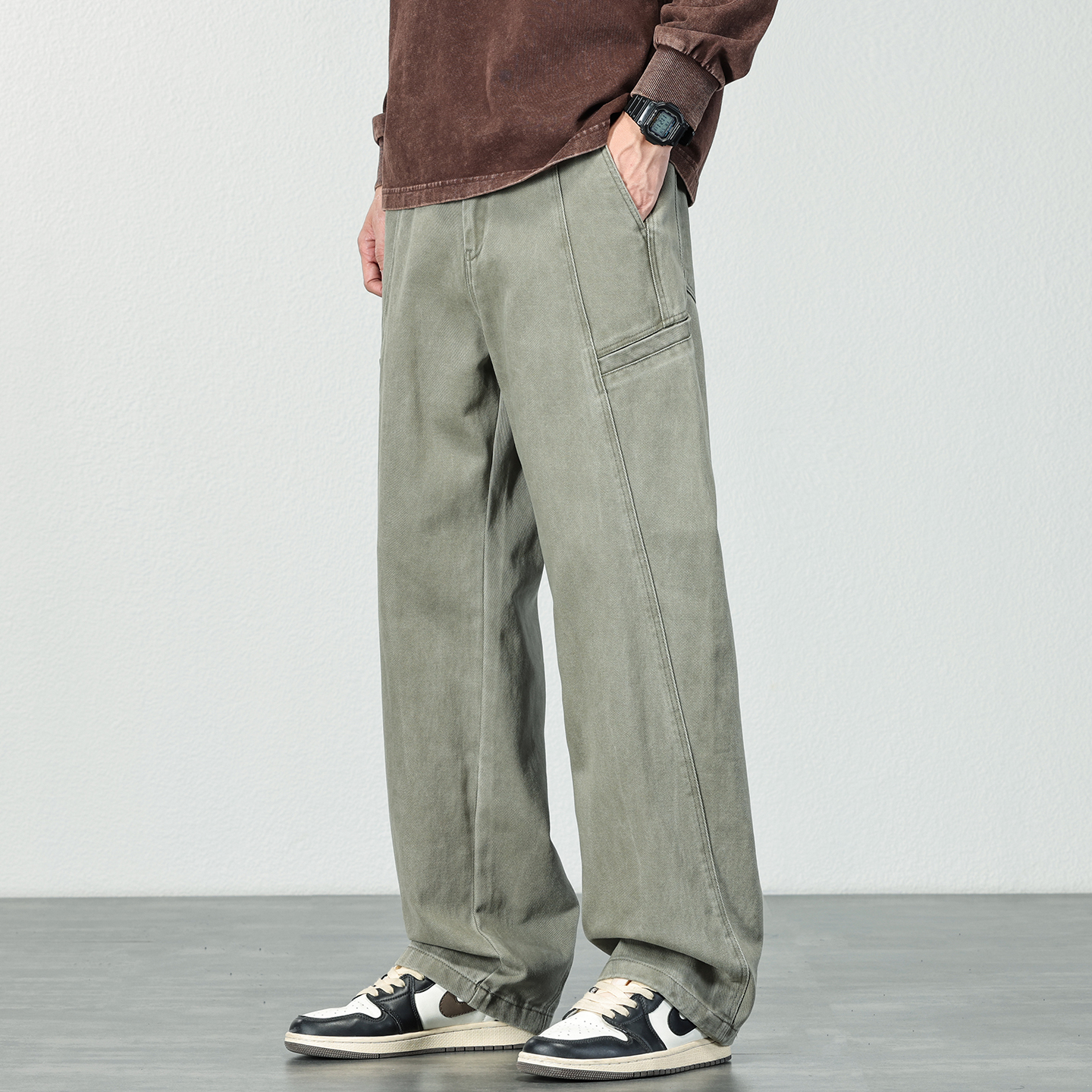 纯棉休闲裤男士2025秋季潮牌宽松直筒阔腿裤子复古水洗拼接长裤男