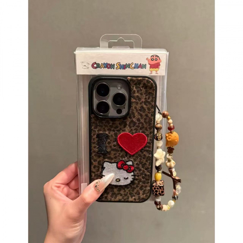 黑框豹纹刺绣爱心kt猫链条13适用iPhone17promax16手机壳15女