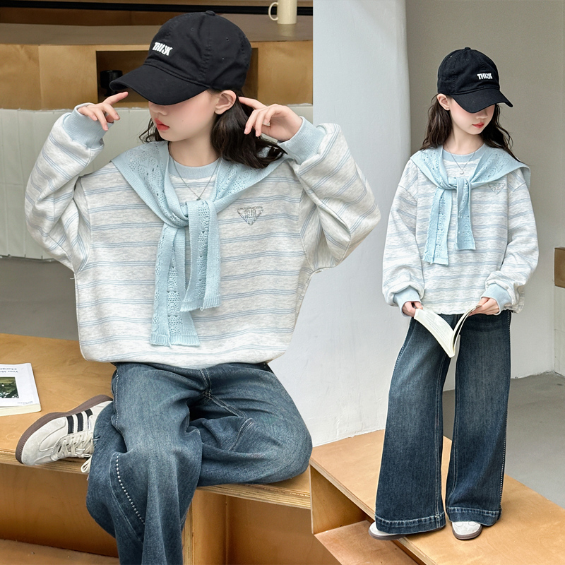 女童秋季卫衣套装2025新款中大童儿童披肩上衣牛仔阔腿裤两件套潮