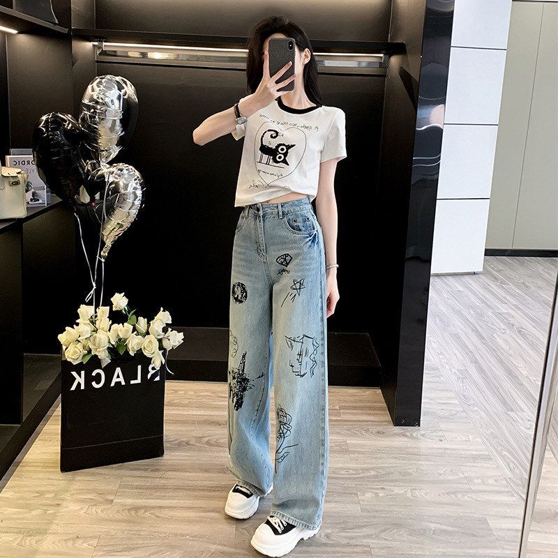 拼色圆领字母小猫印花短袖T恤女水洗牛仔裤直筒阔腿裤拖地裤长裤
