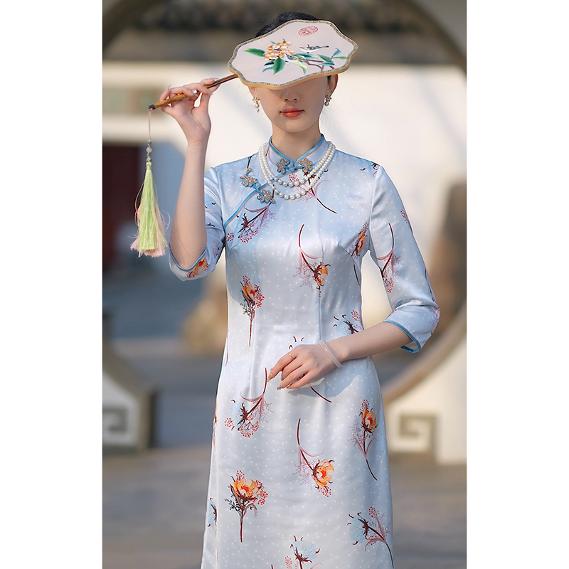 手工旗袍56610 金吴针旗袍醋酸改良A版裙气质优雅显瘦七分袖日常