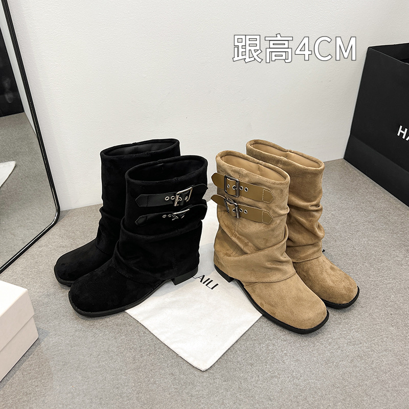 粗跟皮带扣裤管靴女2025秋冬新款机车靴韩版绒面短靴套筒骑士靴女