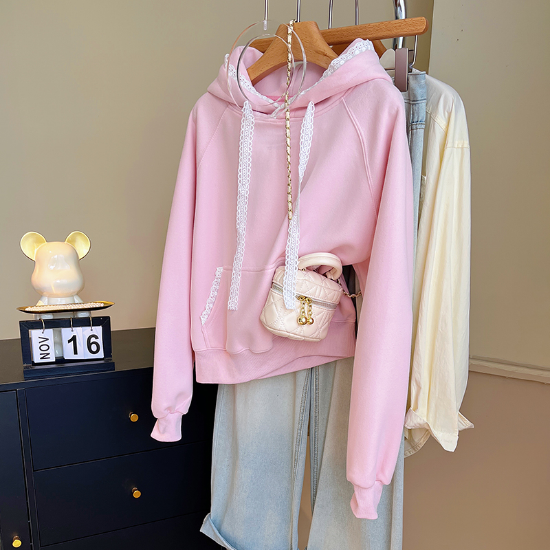 粉色纯色连帽卫衣女款小个子秋冬季2025新款蕾丝拼接休闲宽松外套