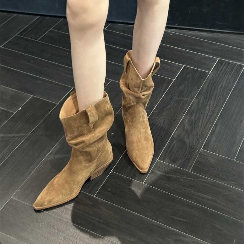 大码35-43法式复古褶皱堆堆靴粗跟短靴女新款高跟尖头西部牛仔靴