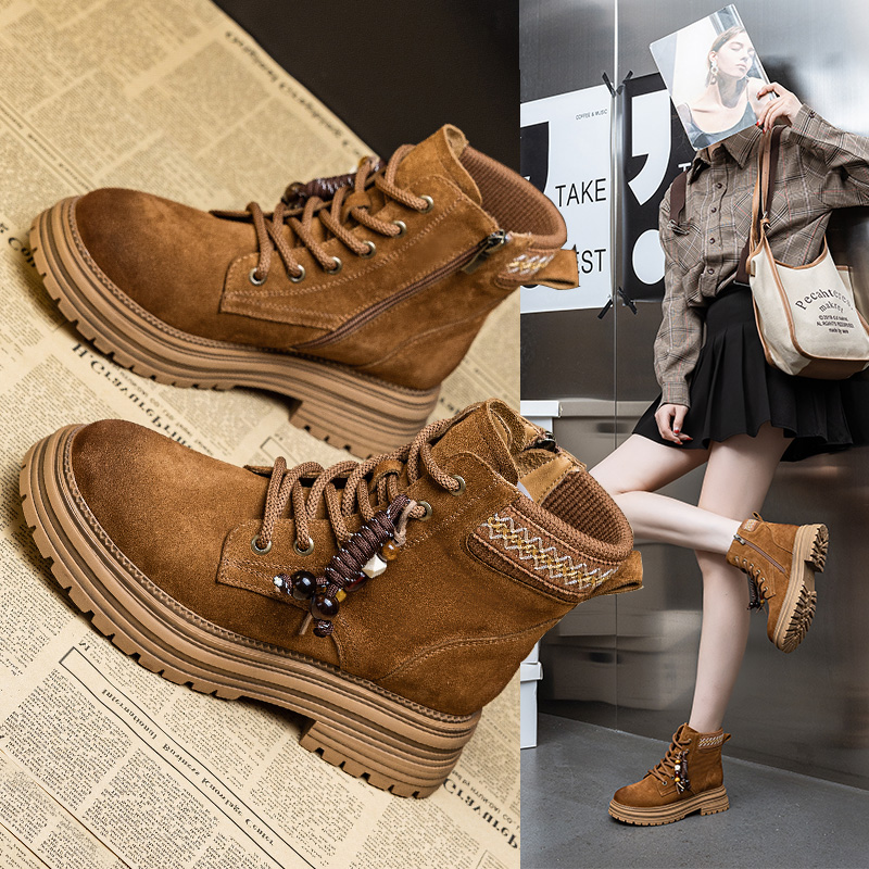 马丁靴女秋冬真皮磨砂厚底增高美拉德复古加绒短靴百搭户外工装靴