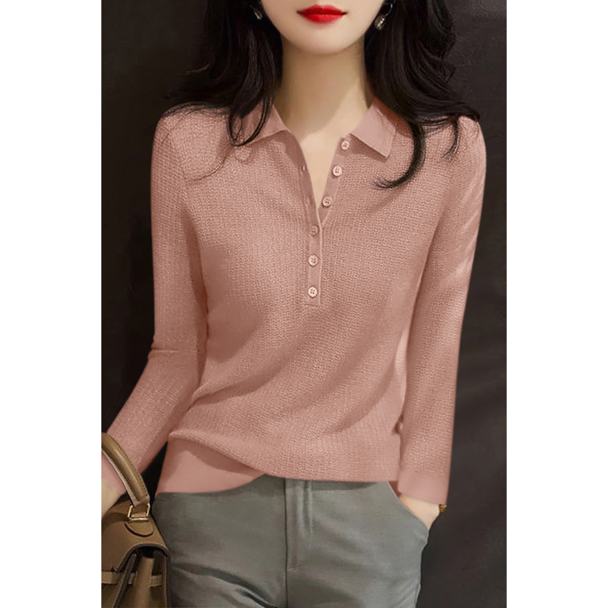 韩系穿搭粉红色减龄polo领长袖半开式纽扣设计秋冬针织衫打底毛衣