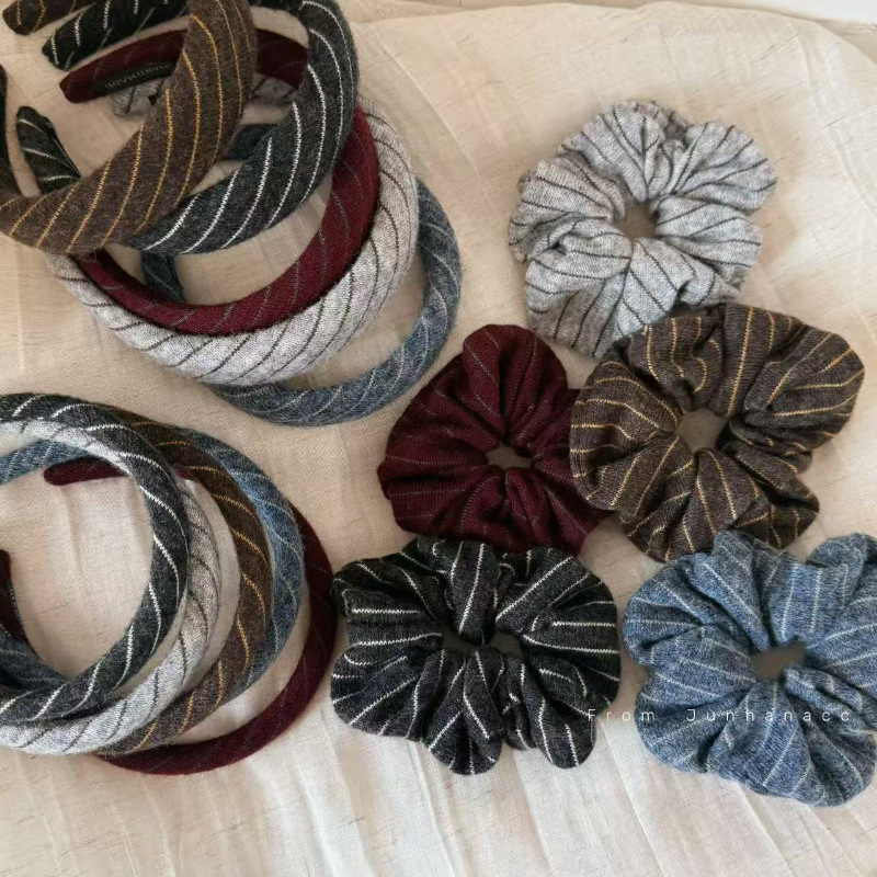 简约条纹针织大肠发圈复古发箍气质毛线发绳发卡头箍马尾头绳女