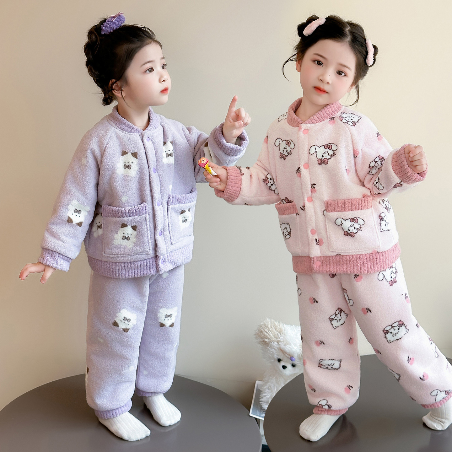 女童珊瑚绒睡衣冬季新款儿童三层加绒加厚保暖衣套装小女孩两件套