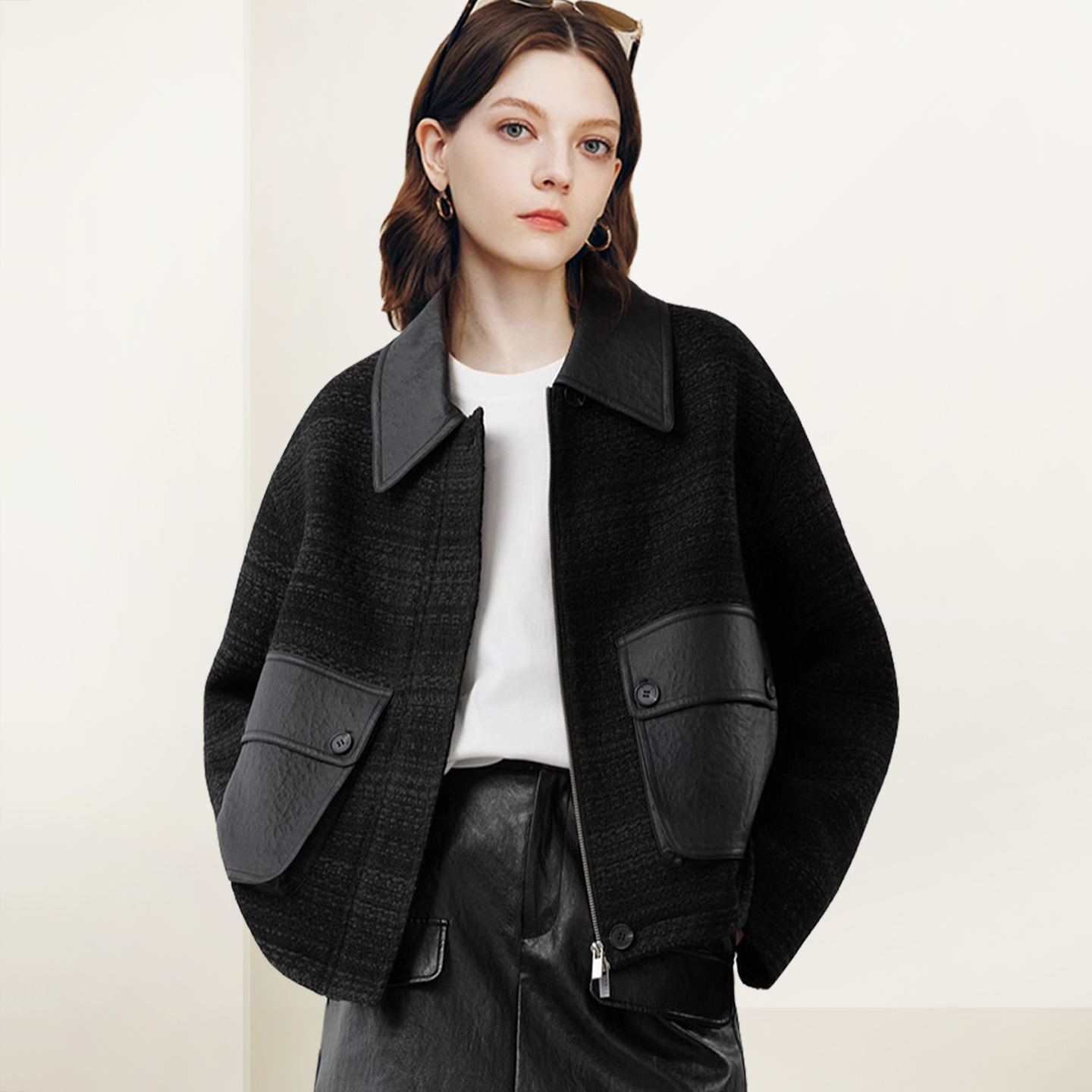 QOOEL复古设计感翻领夹克女2025秋冬新款酷感黑色干练飒爽短外套