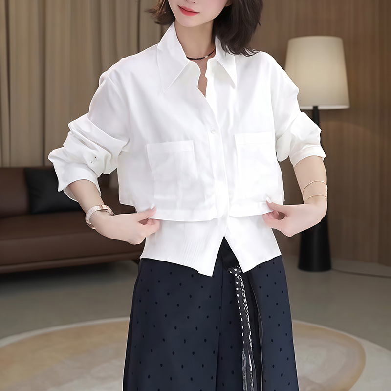 韩系休闲简约时尚通勤白色衬衣女高级感百搭显瘦长袖衬衫纯色上衣