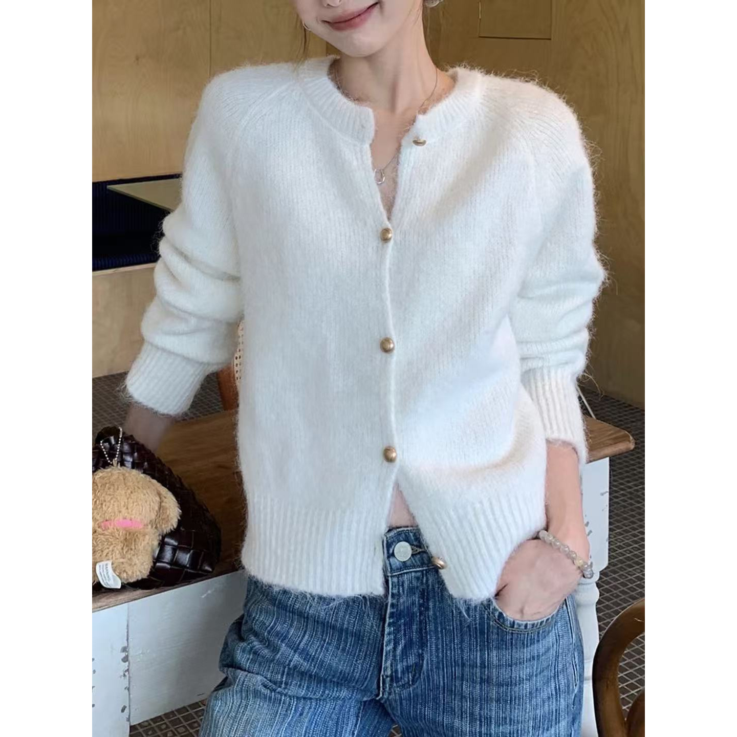 灰色温柔风插肩袖毛衣外套女装秋季韩系气质宽松休闲针织开衫上衣