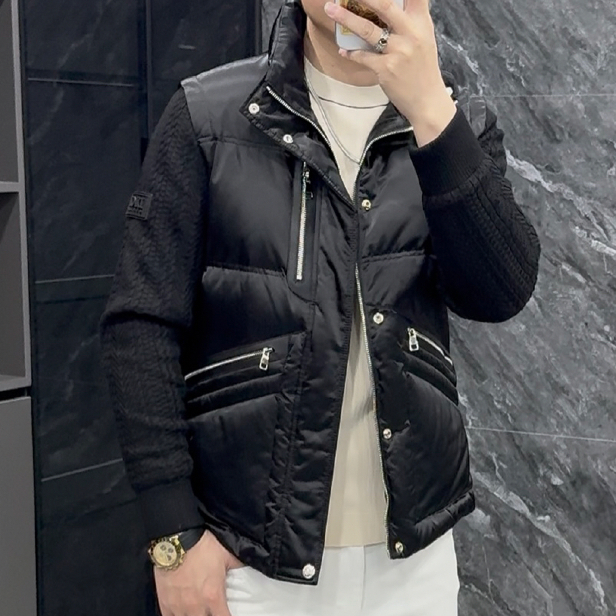冬季新款男士轻奢时尚潮流百搭拼针织袖羽绒外套羽绒服短款927