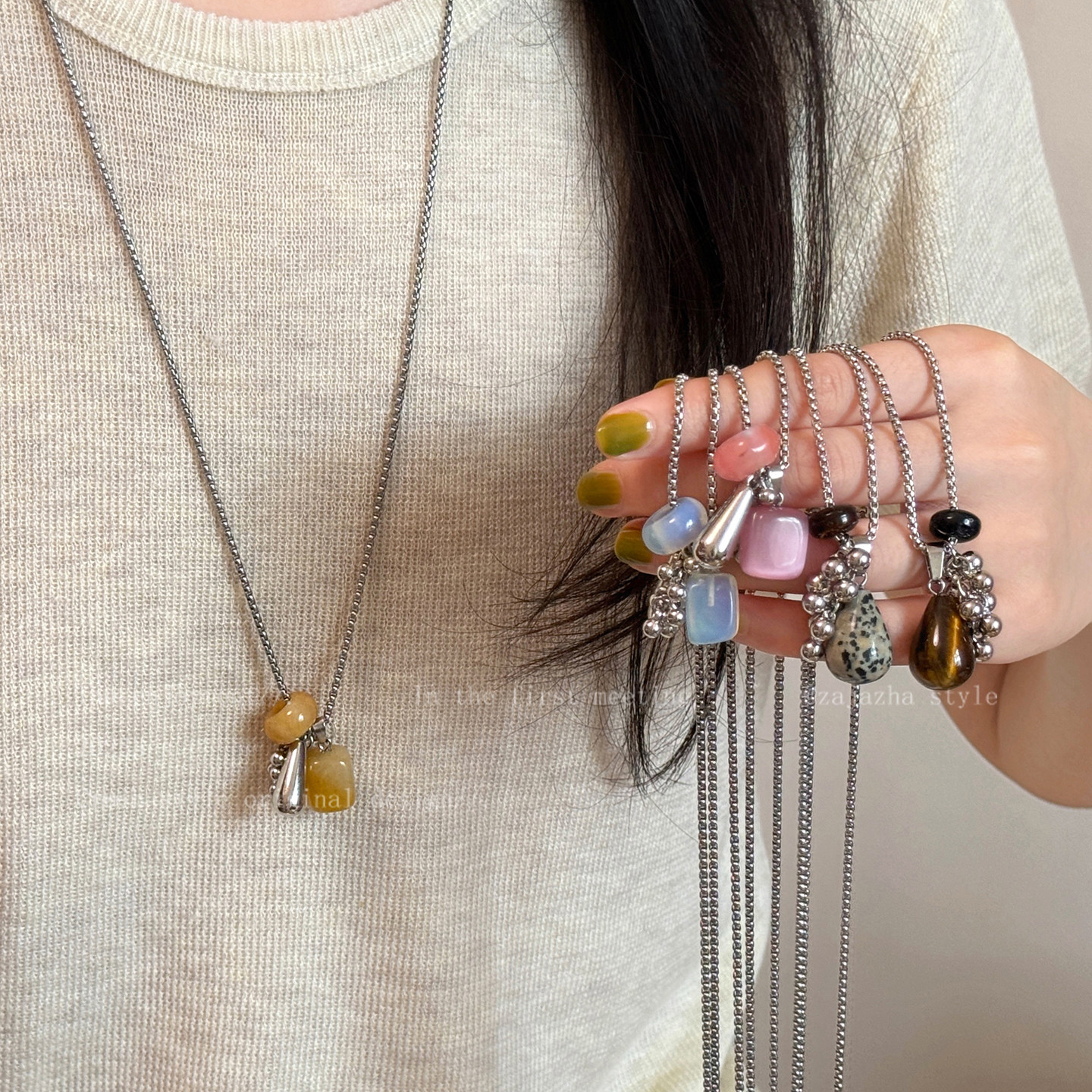 钛钢项链 虎眼石长款项链女轻奢小众高级感毛衣链吊坠挂脖C111