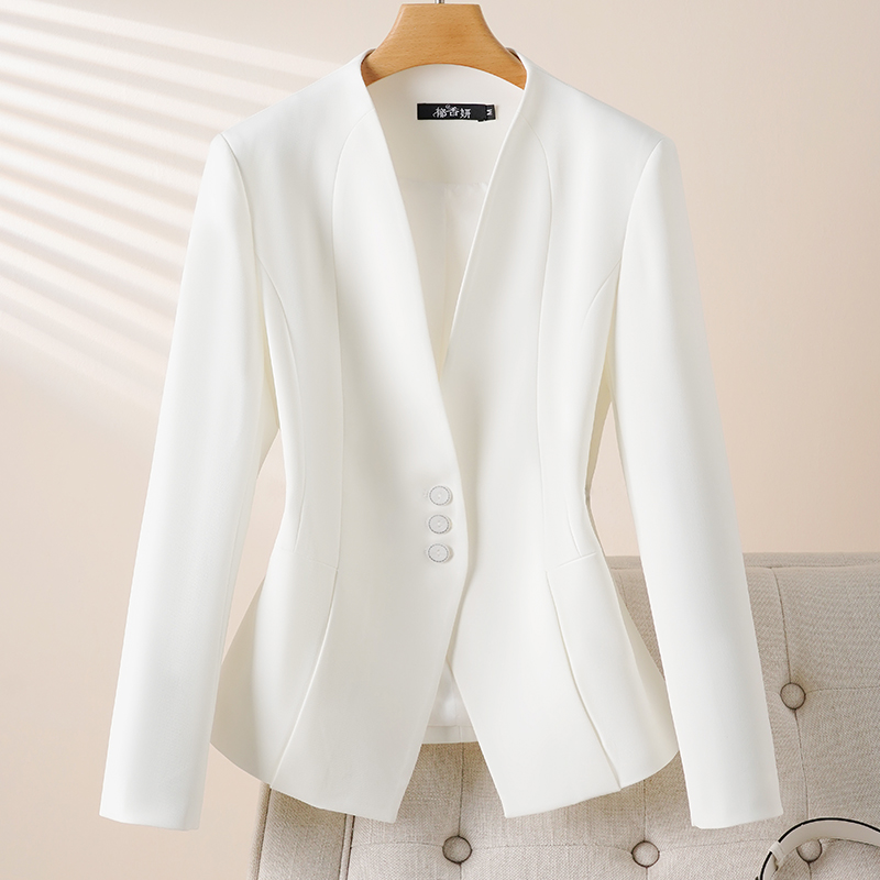 白色西装女外套短款小个子无领小西装修身春秋款 v领西服干练简洁