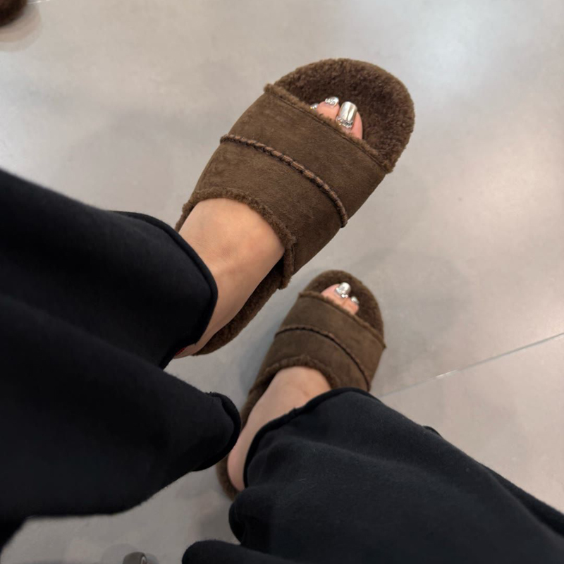 美拉德鞋拖厚底一字带毛毛拖鞋女鞋外穿2025秋季新款一脚蹬懒人鞋