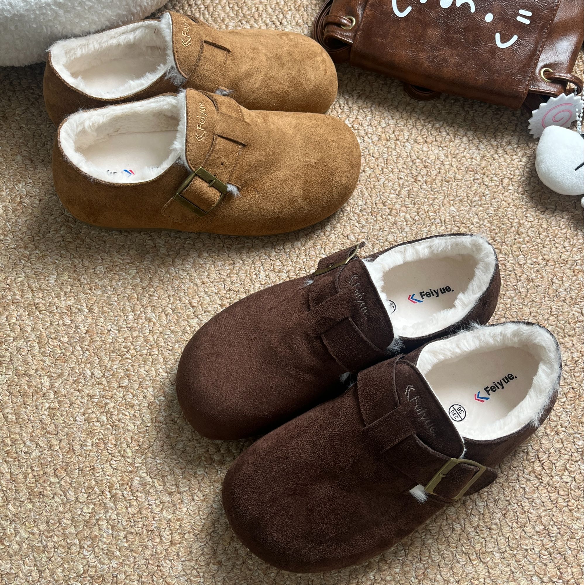 feiyue/飞跃2025冬季新款厚底加绒保暖博肯鞋内增高舒适棉拖鞋