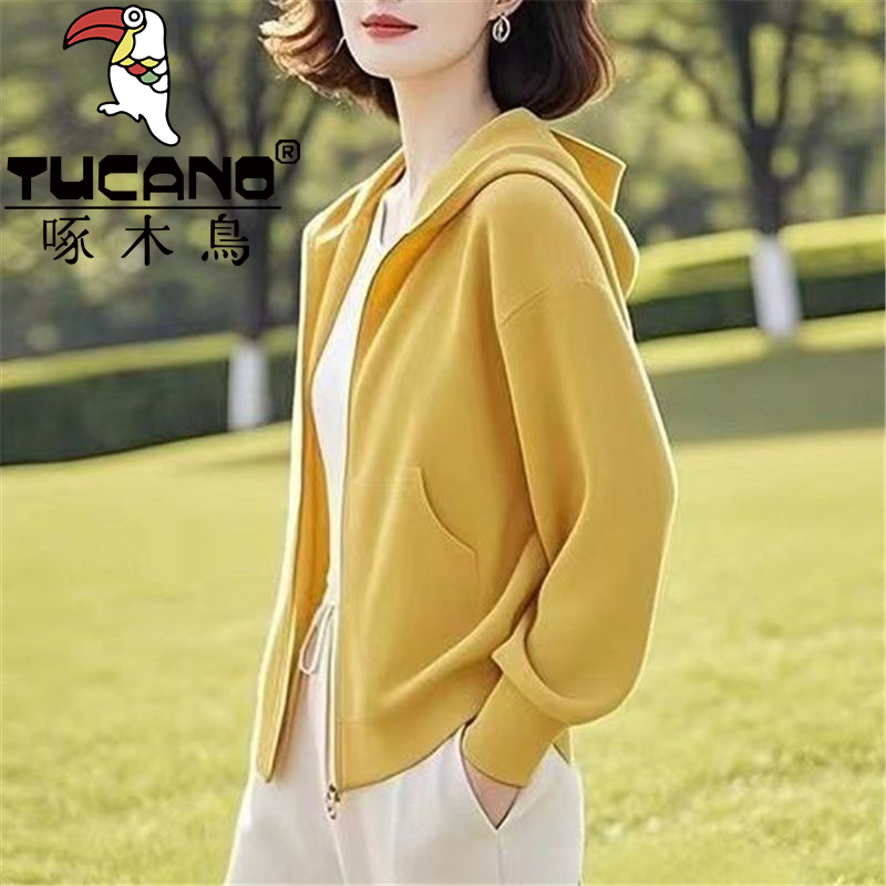 啄木鸟纯棉大码宽松卫衣女秋冬新款中老年妈妈装纯色连帽休闲外套