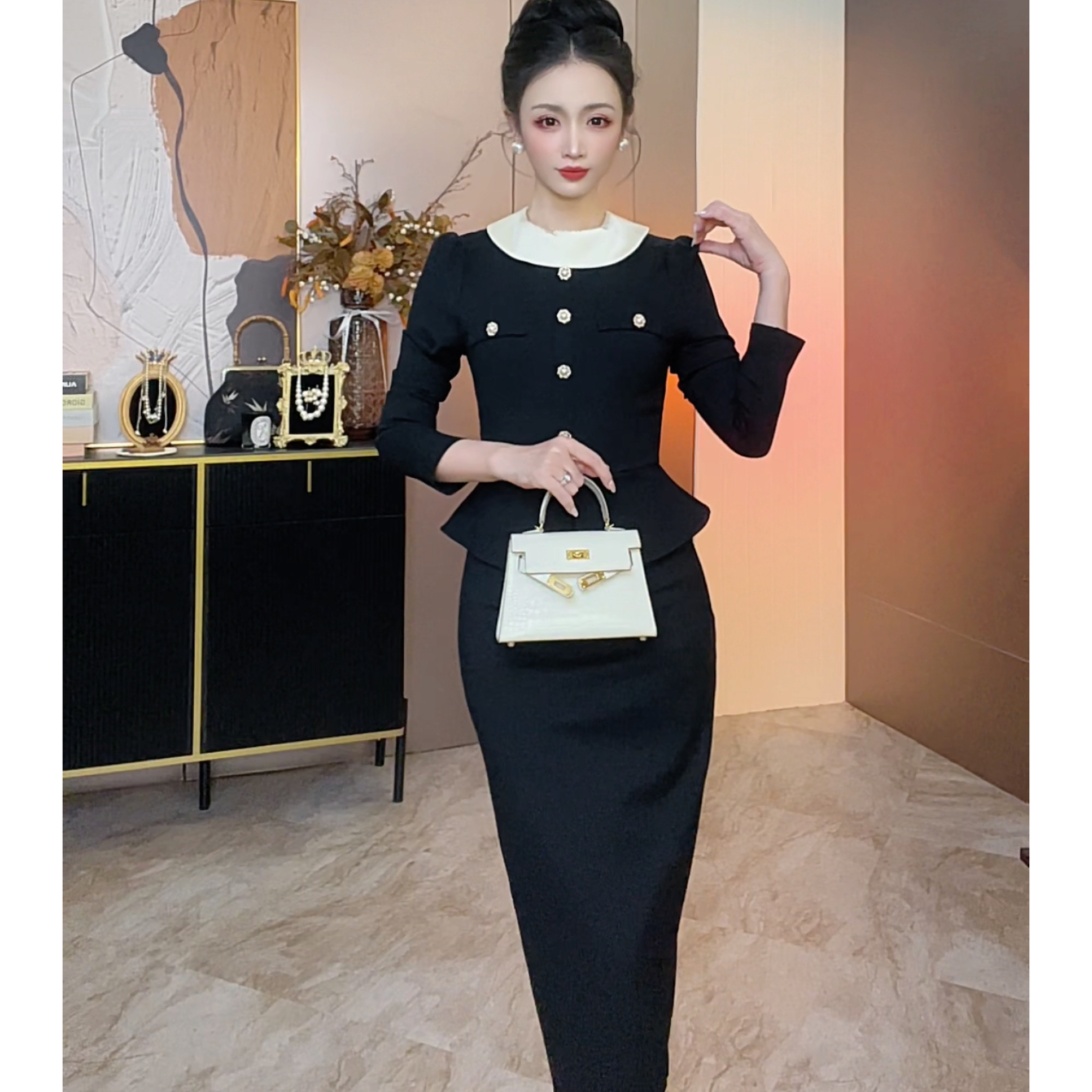【罗马假日】秋冬黑色连衣裙气质显瘦长裙收腰修身赫本风假两件裙子