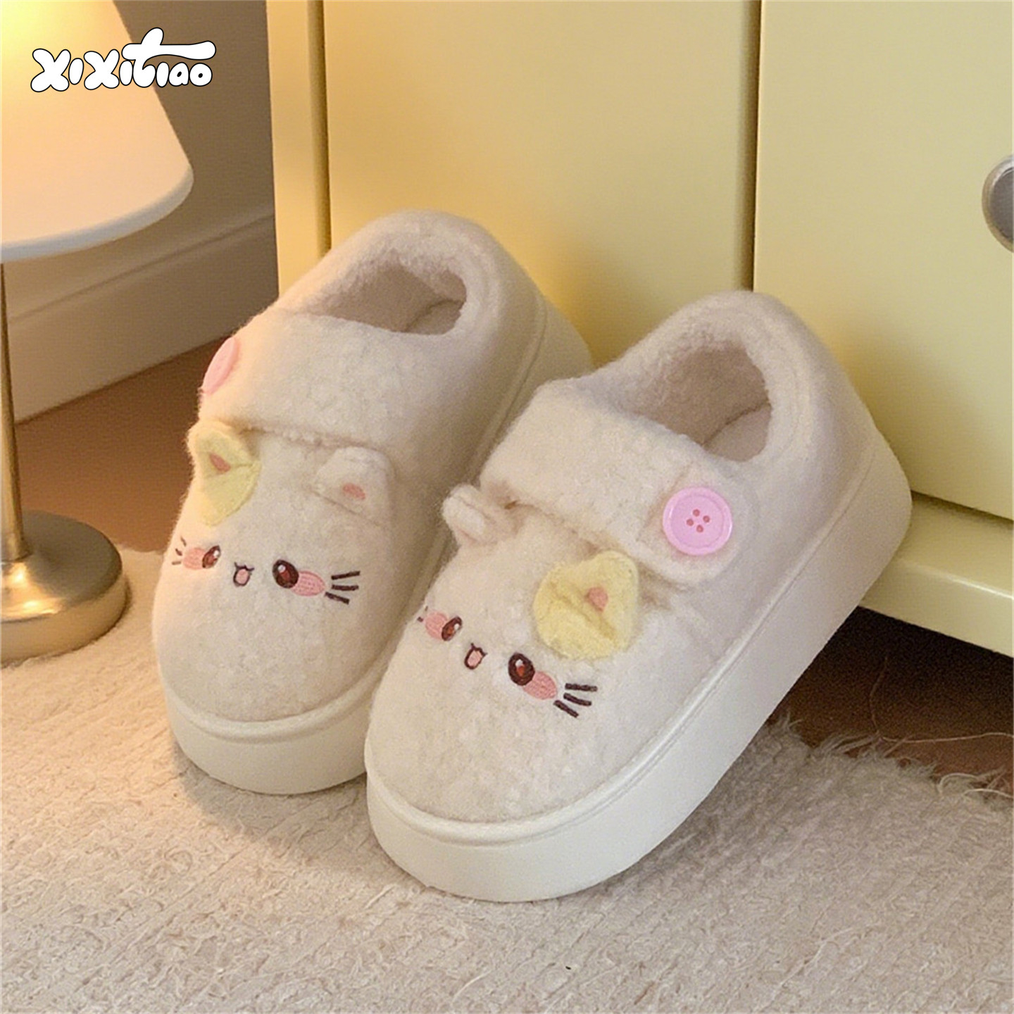 细细条 学生外穿软萌小猫咪面包鞋女冬百搭防滑厚底可爱加绒棉鞋