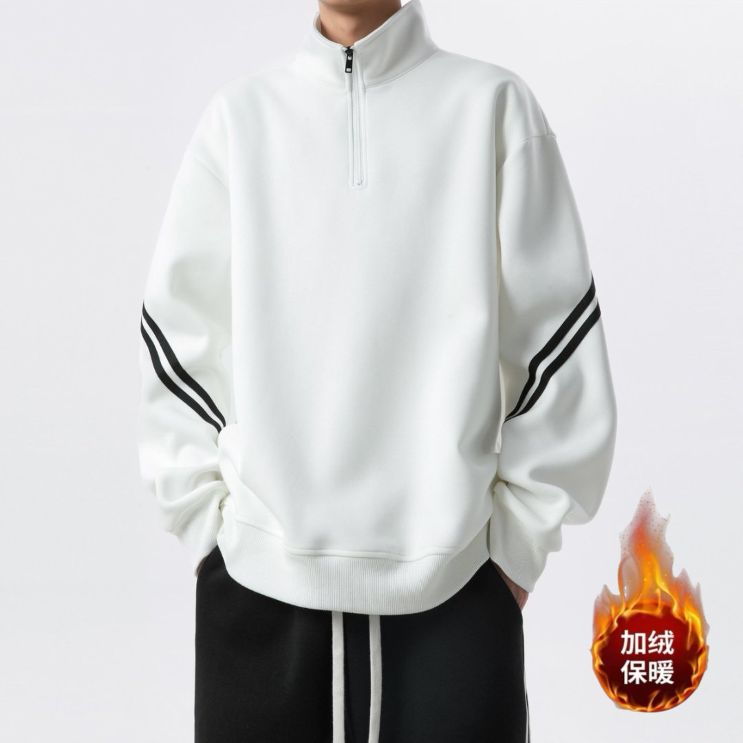 美式潮牌条纹卫衣男士秋冬季加绒半拉链立领休闲内搭长袖宽松上衣