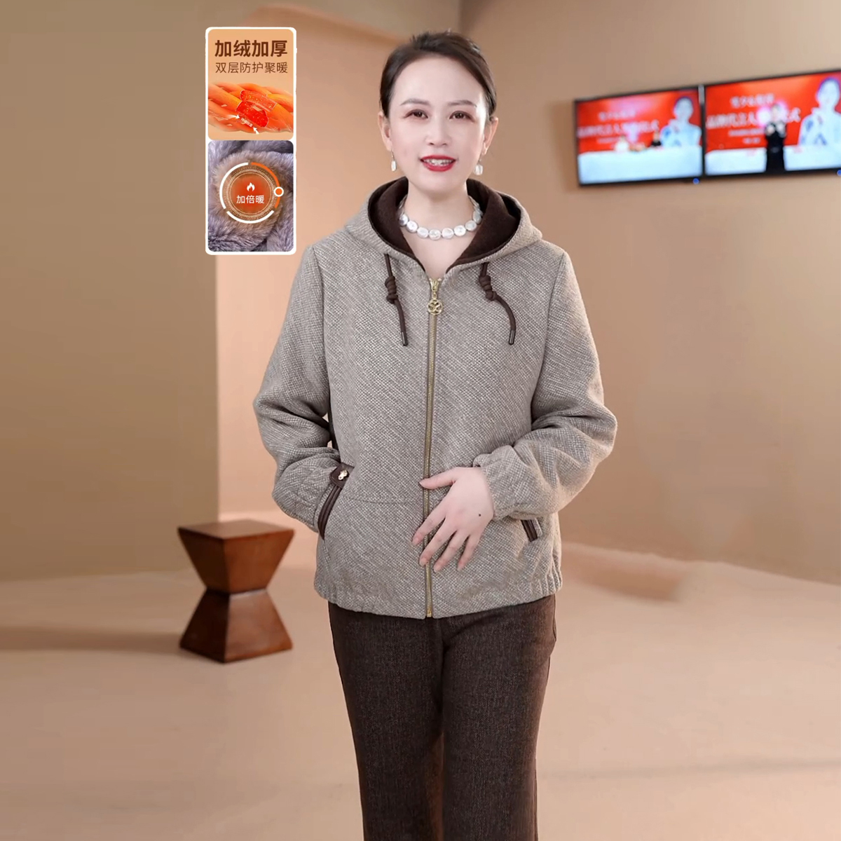 妈妈装加绒加厚上衣2025新款冬季洋气中老年女装休闲连帽毛呢外套