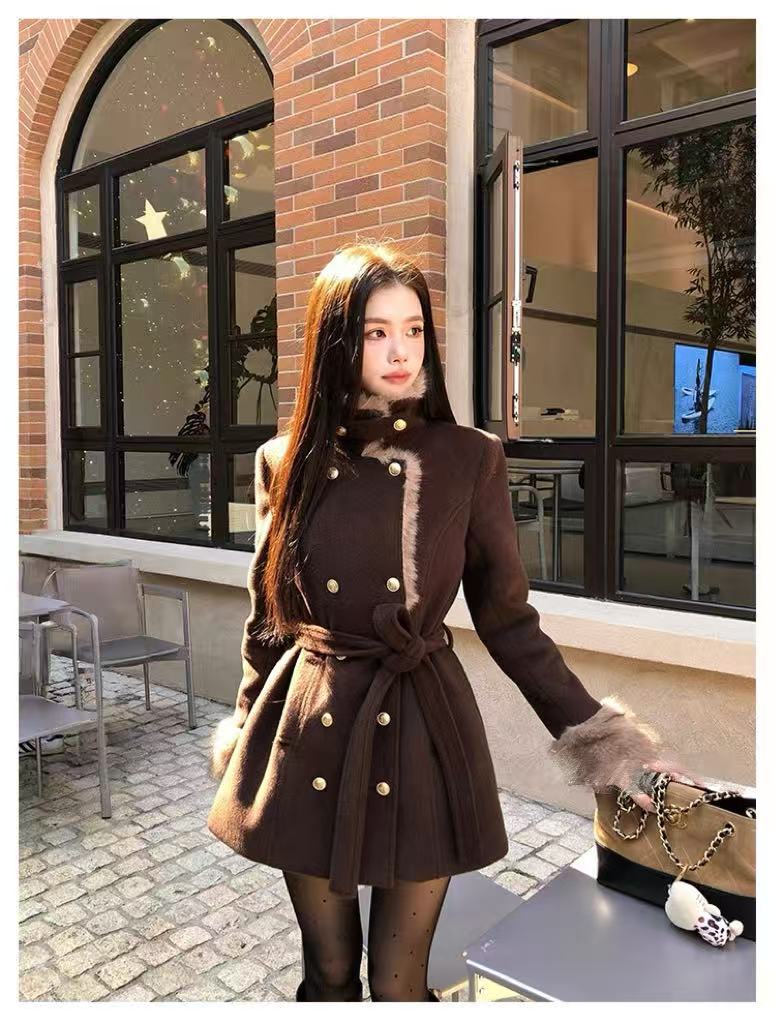 古着秀场法式复古皮毛一体系带收腰显瘦呢子大衣外套女