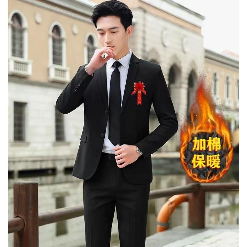 【专柜轻奢】加绒加厚黑色西装套装男士韩版修身职业西服正装休闲新