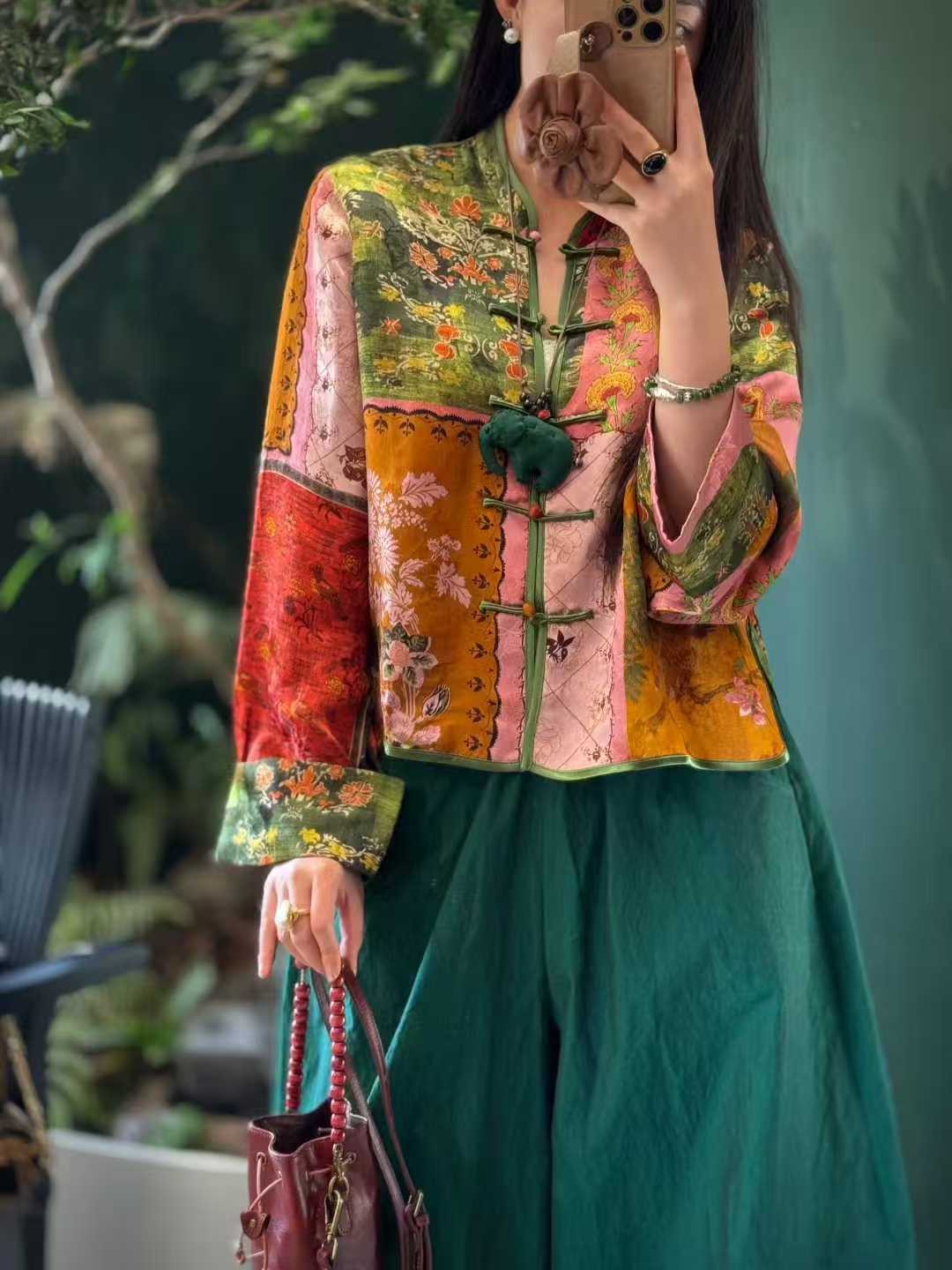 2025早秋新款立领拼接新中式国风复古宽松印花上衣女