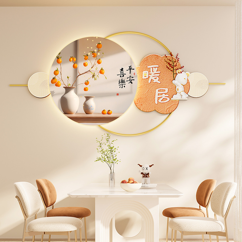 新款餐厅装饰画网红暴力熊餐桌背景墙壁画柿柿如意晶瓷挂画寓意好