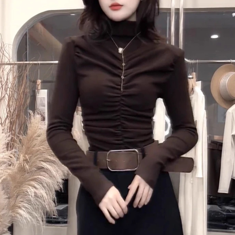 韩版褶皱半高领打底衫女秋冬新款小众修身设计感短款长袖恤