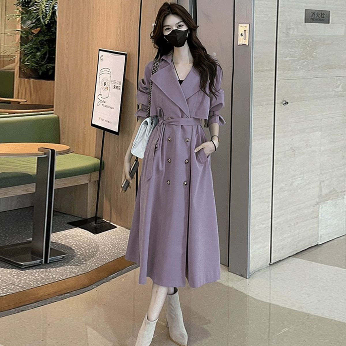 紫色英伦风西装领风衣外套女2025春韩版复古气质双排扣中长款大衣