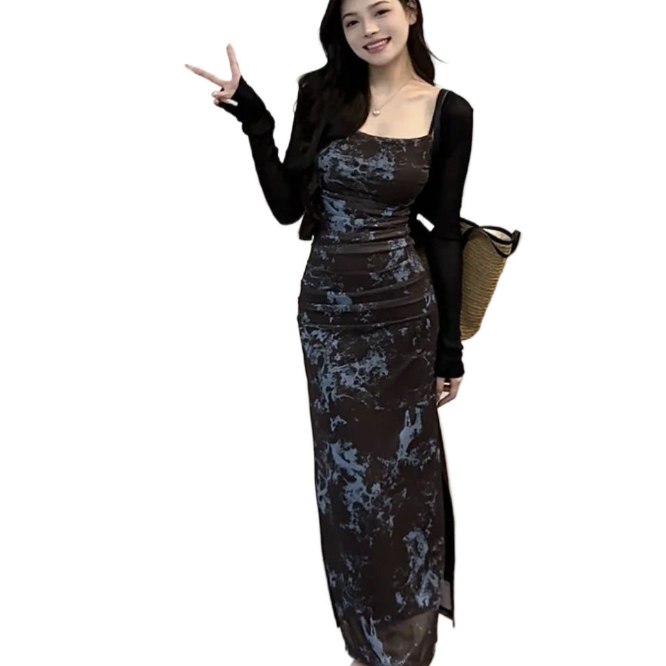 墨染开叉#包臀高级感3148修身长款气质连衣裙吊带复古长裙2025