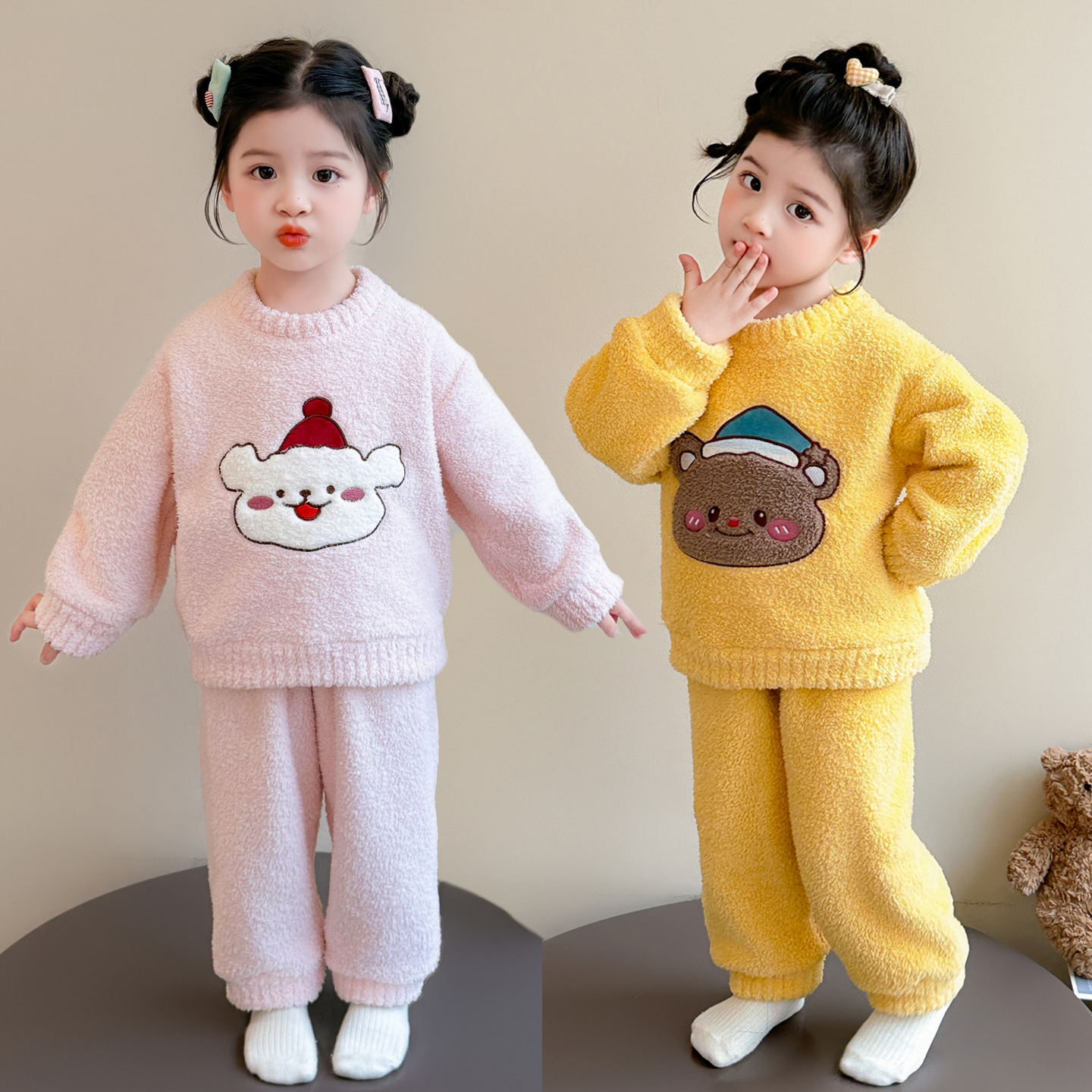 女童睡衣半边绒绣花套装秋冬2025新款儿童冬季卡通女宝宝家居服