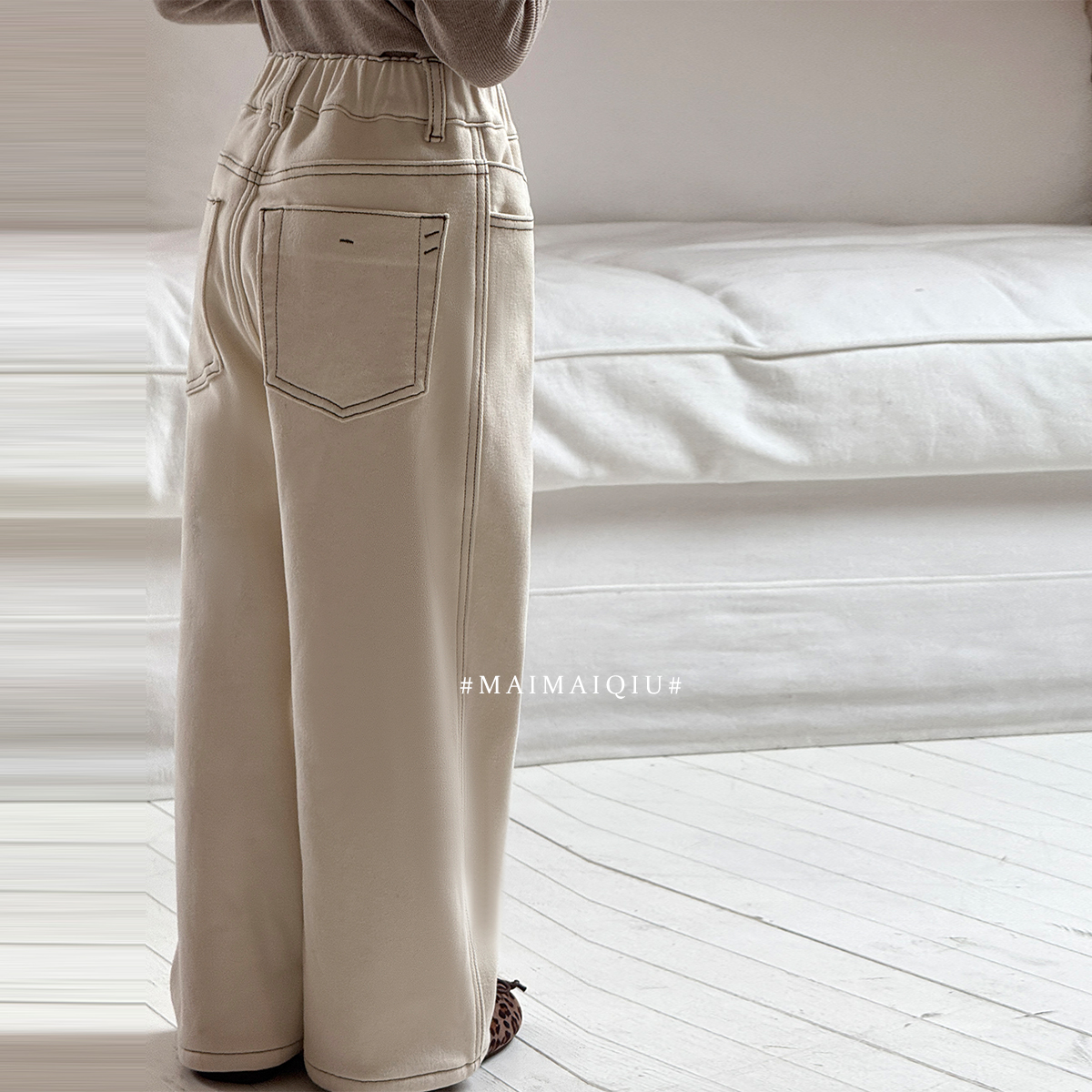 现货「麦麦秋」【白粉笔】高弹斜纹牛仔女中大童冬牛仔直筒裤GQ1787