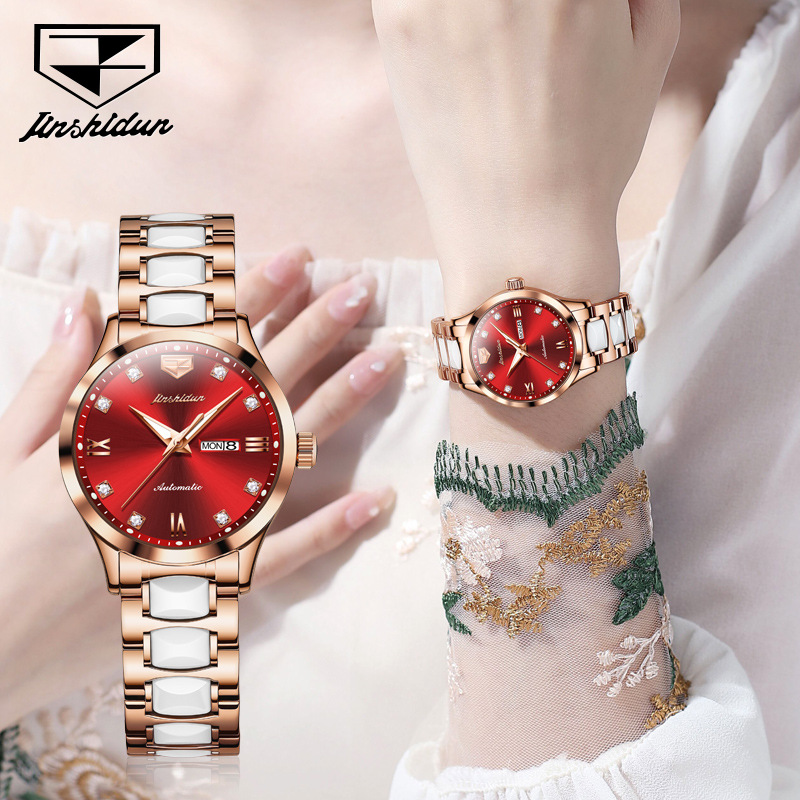 新款金仕盾品牌时尚简约机械女表进口机芯陶瓷女士手表防水腕表女