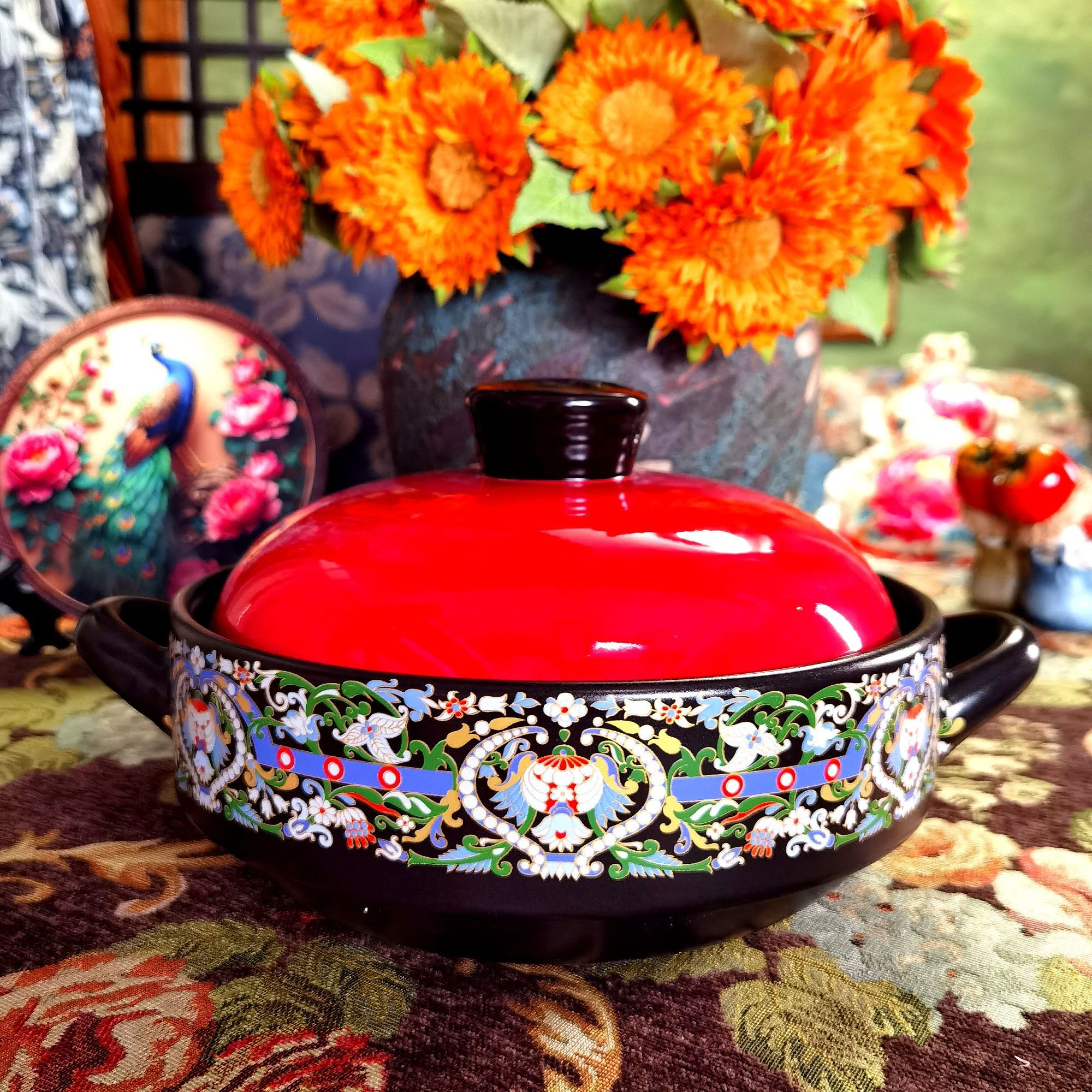 轻奢翘耳朵竹节红盖3.5L陶瓷砂锅家用煲汤炖锅汤锅